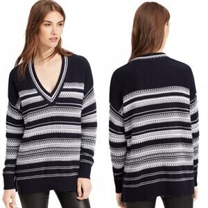 Vince Sweater Textured Stripe Cotton V Neck Pullover White Black Womens XS